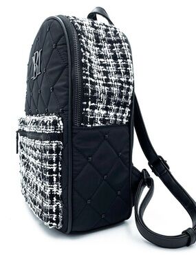 Badgley Mischka Black Quilted Nylon Backpack with a Tweed Pocket